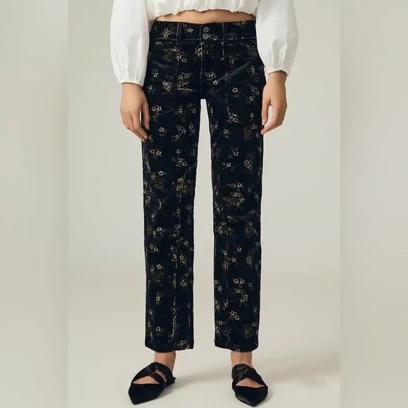 Pilcro Black Corduroy Floral Straight Leg Elevated Statement Pants - Picture 4 of 13